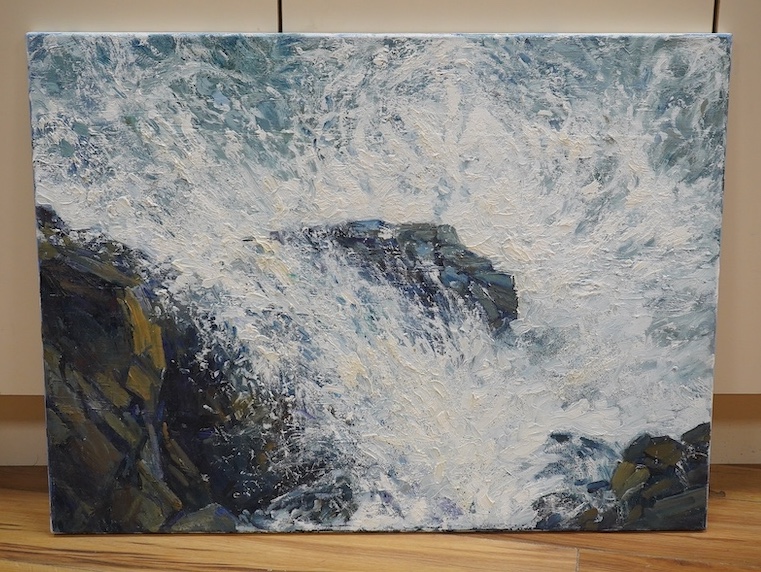 John Speirs, oil on canvas, Seascape, 'Thanks to the ....', signed and inscribed verso, 59 x 80cm, unframed. Condition - good